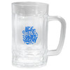 A clear glass beer mug with a sturdy handle and a blue decorative text design. Suitable for enjoying beverages.