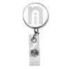 A metal zip pull badge holder with a circular top, featuring a logo and a clear attachment clip.