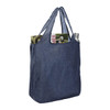 A large blue reusable tote bag with two handles, containing a drink bottle and magazines. It features a logo.