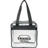 A clear zippered tote bag with black straps, featuring a football design and branding.