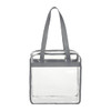A clear zippered tote bag with grey straps, featuring a simple and spacious design.