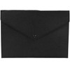 A black felt folder with a flap closure and a button fastener, featuring a logo.