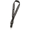 A black 25mm lanyard with a logo, featuring a clip for attaching items. Suitable for events and exhibitions.