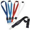 A set of five lanyards in blue, red, white, and black, featuring clips and buckles. Each has a logo.