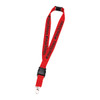 A red lanyard with a black branding logo, featuring a clip for attaching items.