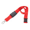 A red lanyard with a black clasp and keyring, designed for exhibitions and events.