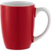 A red ceramic coffee mug with a white handle, featuring a smooth finish and a rounded design.