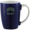 A drink mug featuring a navy blue exterior and a white handle, with a logo on the side.