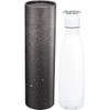 A drink bottle with a sleek white design, accompanied by a textured black container, showcasing water droplets.