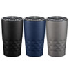 A drink bottle set featuring three copper vacuum insulated tumblers in black, navy blue, and grey with logos.