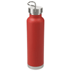 A drink bottle in vibrant red with a stainless steel cap and base, featuring a loop for easy carrying.