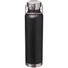 A drink bottle in black with a stainless steel base and lid, featuring a logo. Holds 650ml.