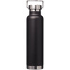 A drink bottle in matte black finish with a stainless steel base and handle. It features a logo.