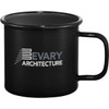 A black enamel metal cup with a handle, featuring a logo on the side. Ideal for beverages.