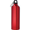A drink bottle in shiny red aluminium with a black cap and a carabiner attachment. It has a logo on the body.