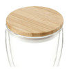 A drink cup featuring clear glass with a natural bamboo lid, designed for beverages. It has a simple, modern look.