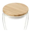 A drink cup featuring clear glass with a natural bamboo lid, designed for beverages. It has a simple, modern look.