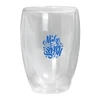 A drink bottle featuring a clear design with a blue graphic, ideal for beverages and has a branded element.