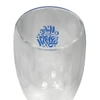 A glass cup with a bamboo lid, featuring a clear design and vibrant blue logo on the interior.