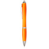 An orange ballpoint pen with silver accents and a clip, featuring a sleek design and a branding logo.