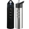 A drink bottle set featuring one black stainless steel bottle and one silver stainless steel bottle, each with a spout and logo.
