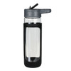 A drink bottle with a transparent glass body, grey silicone cover, and flip-top lid for easy sipping.