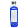 A drink bottle made of glass with a blue silicone cover, featuring a silver screw-top lid and a logo.