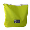 A bright lime green zippered tote bag with a white top and a logo on the front.