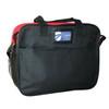 A black and red business briefcase with a mesh pocket and a logo on the front. Suitable for laptops.