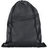 A black drawstring bag with a zippered front pocket and a logo. Made of smooth fabric.