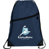 A navy drawstring bag with a logo and a front zip pocket, featuring black accents.