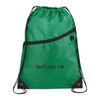 A green drawstring bag with a black zipper pocket and a logo. It features black straps for easy carrying.