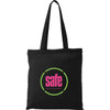 A black canvas tote bag featuring a circular logo in pink and green, with long handles for easy carrying.
