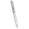 A silver ballpoint pen with a sleek design and a clip, featuring a logo on its side.