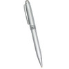 A metal ballpoint pen in silver with a sleek design and a clip for easy attachment. Features a logo.