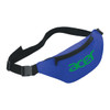 A blue bum bag with a black strap and a logo on the front, featuring a zippered compartment.