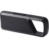 A black Bluetooth speaker with a textured speaker grille and a handle for easy carrying. It has a logo on its side.