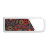 A Bluetooth speaker with a white body featuring a vibrant Indigenous-inspired patterned design in red, yellow, and black.