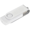 A white rotate USB flash drive, 16GB capacity, featuring a clip design and a logo.