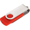 A USB flash drive with a silver metal casing and a red plastic cap. It includes a circular button and has a pivoting design.
