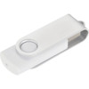 A white, swivel USB flash drive with an 8GB capacity and a circular attachment point.