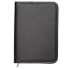 A5 zippered compendium in black with a stitched edge, featuring a logo on the front.