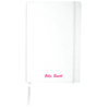 A white notebook with a ribbon bookmark and a pink name in a branded design.