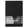 A black notebook with a belly band and an elastic closure, featuring a logo. Suitable for office and business use.