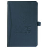A navy blue bound journal with a textured cover and an embossed logo on the front.