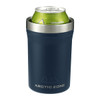 A drink bottle in navy blue featuring a stainless steel top, designed to hold a 350ml can. It has a logo.