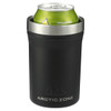 A drink bottle in matte black with a metallic rim, holding a can inside. It features a logo.