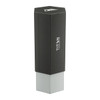 A drink bottle in a sleek hexagonal design, featuring black and silver colours, with a logo on the side.