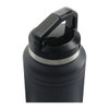 A drink bottle in matte black with a silver band and a handle on the lid. It features a logo on top.