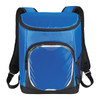A blue cooler backpack featuring a front pocket and dual shoulder straps. It has a logo on the front.